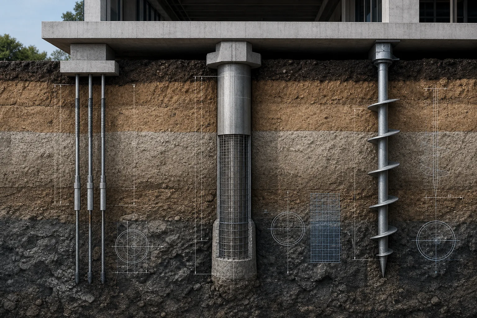 Conceptual subsurface comparison of micropiles, caissons, and helical piles
