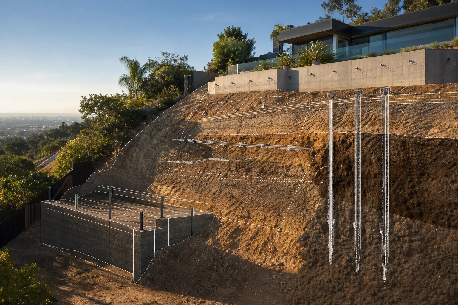 Conceptual Los Angeles hillside specialty foundation and stabilization scene