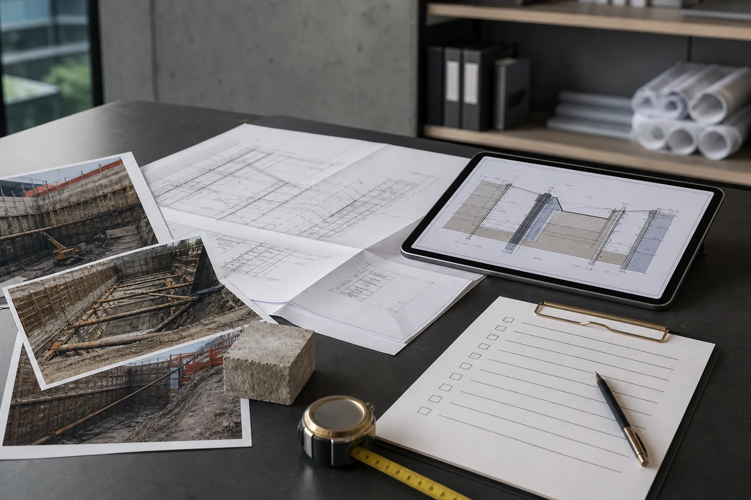 Project intake drawings, photos, and checklist materials for a shoring proposal