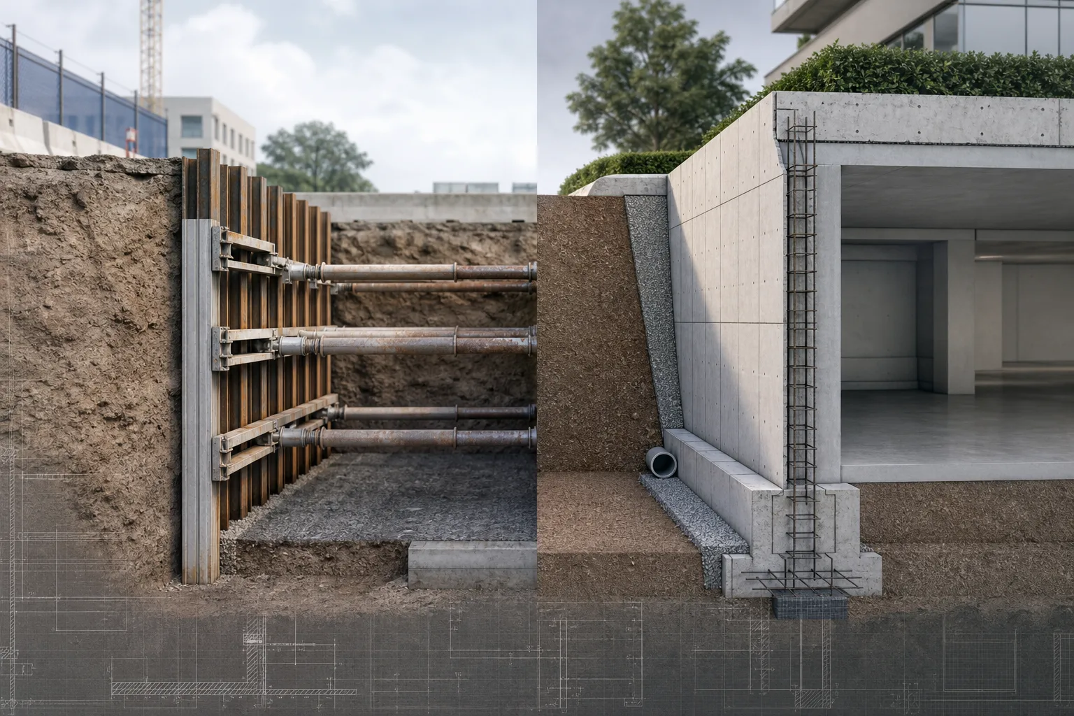 Conceptual section comparing temporary shoring and permanent retaining wall conditions