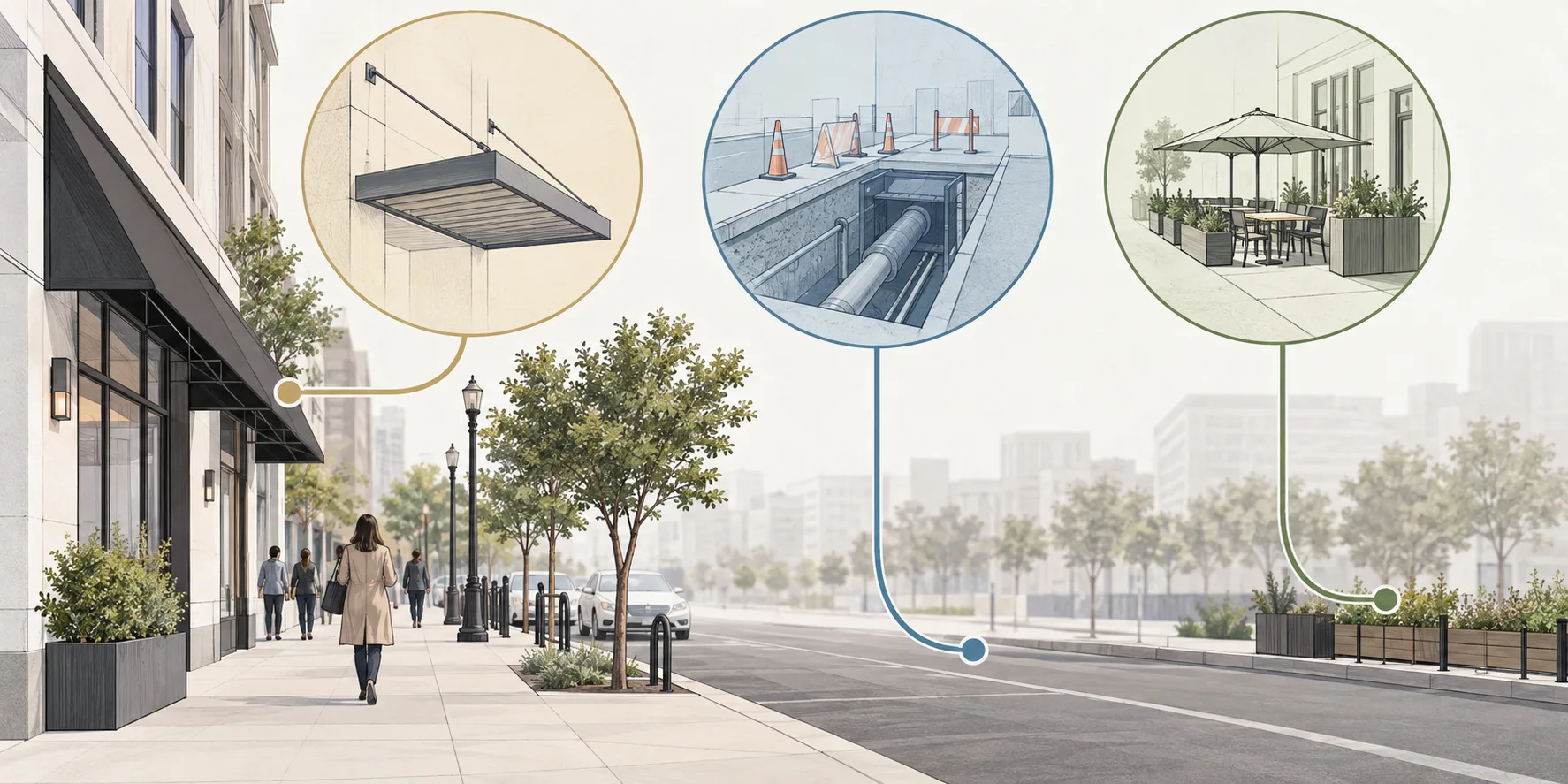 Conceptual street-edge project showing separate engineering, permit, and space-use decisions.