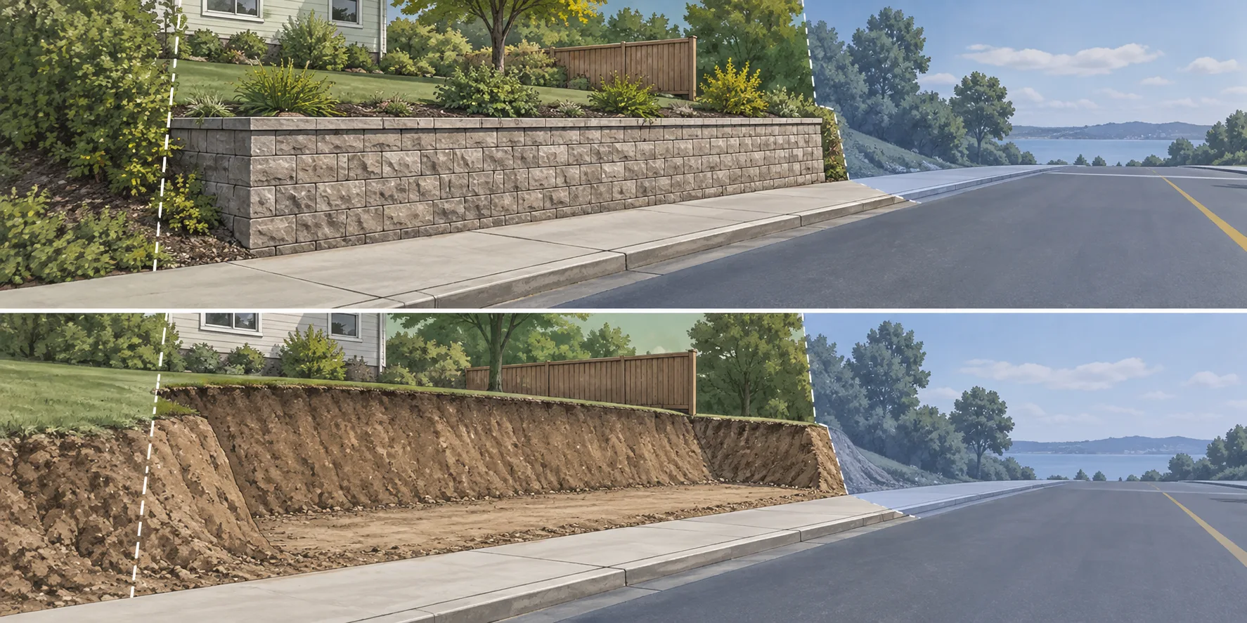 Conceptual comparison of a finished retaining wall and the temporary excavation needed to construct it beside a street.