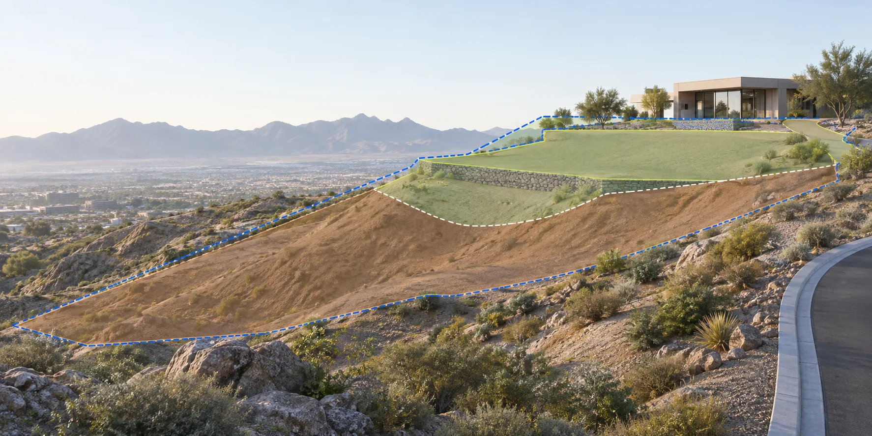 Conceptual sloping-site plan distinguishing existing terrain, proposed retaining walls, and temporary construction space.