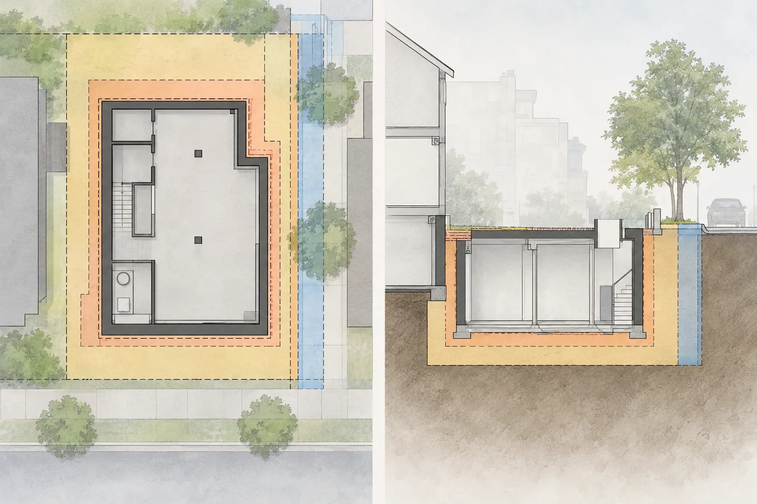 Illustrative comparison of permanent and temporary construction footprints beside a public-space boundary.