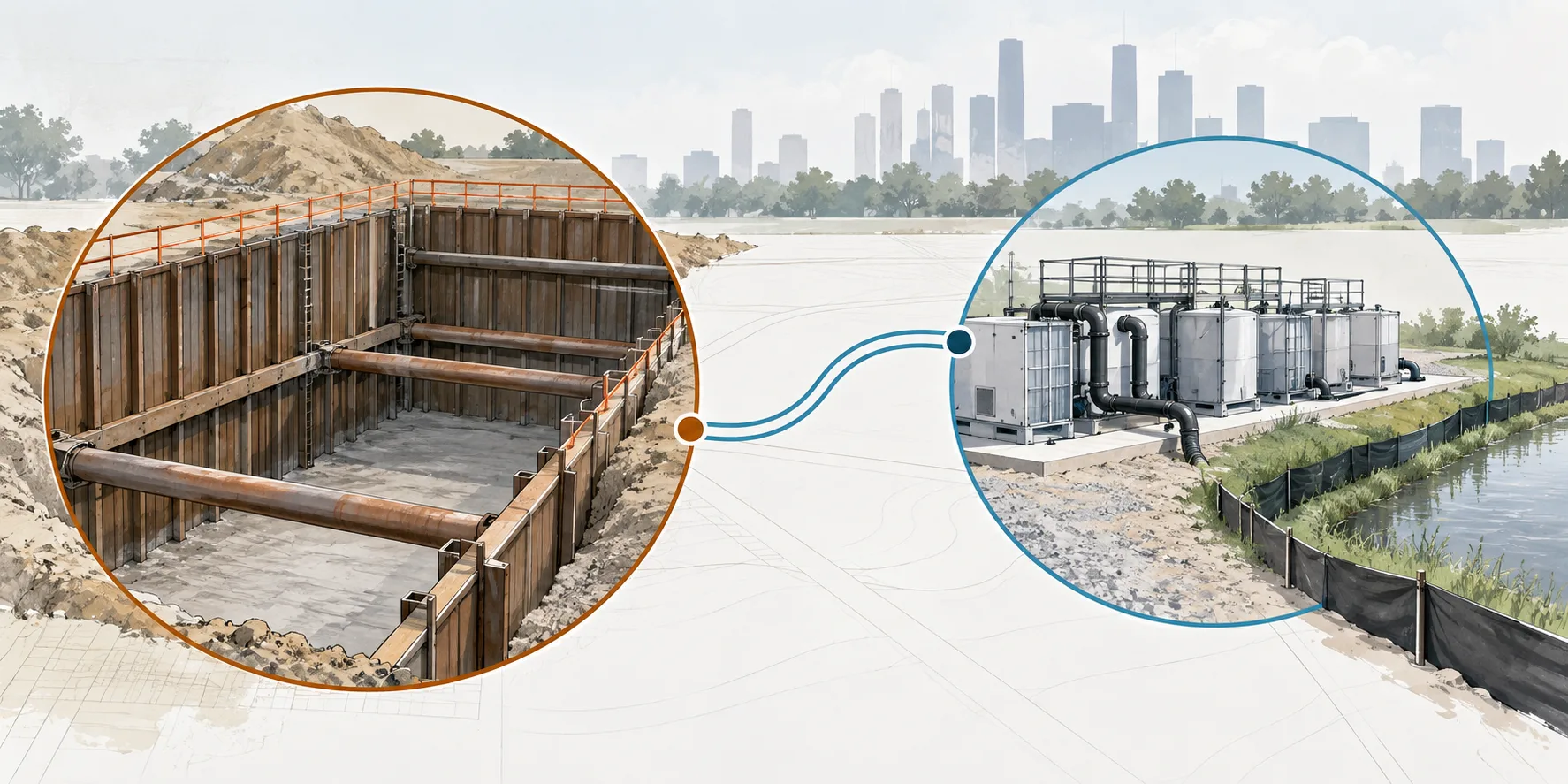 Illustration of separate shoring, water-control, and wastewater-review responsibilities for a below-grade project.