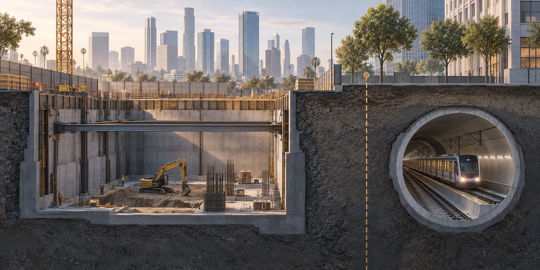 Conceptual relationship between an urban excavation, a nearby transit tunnel, and the proposed basement.