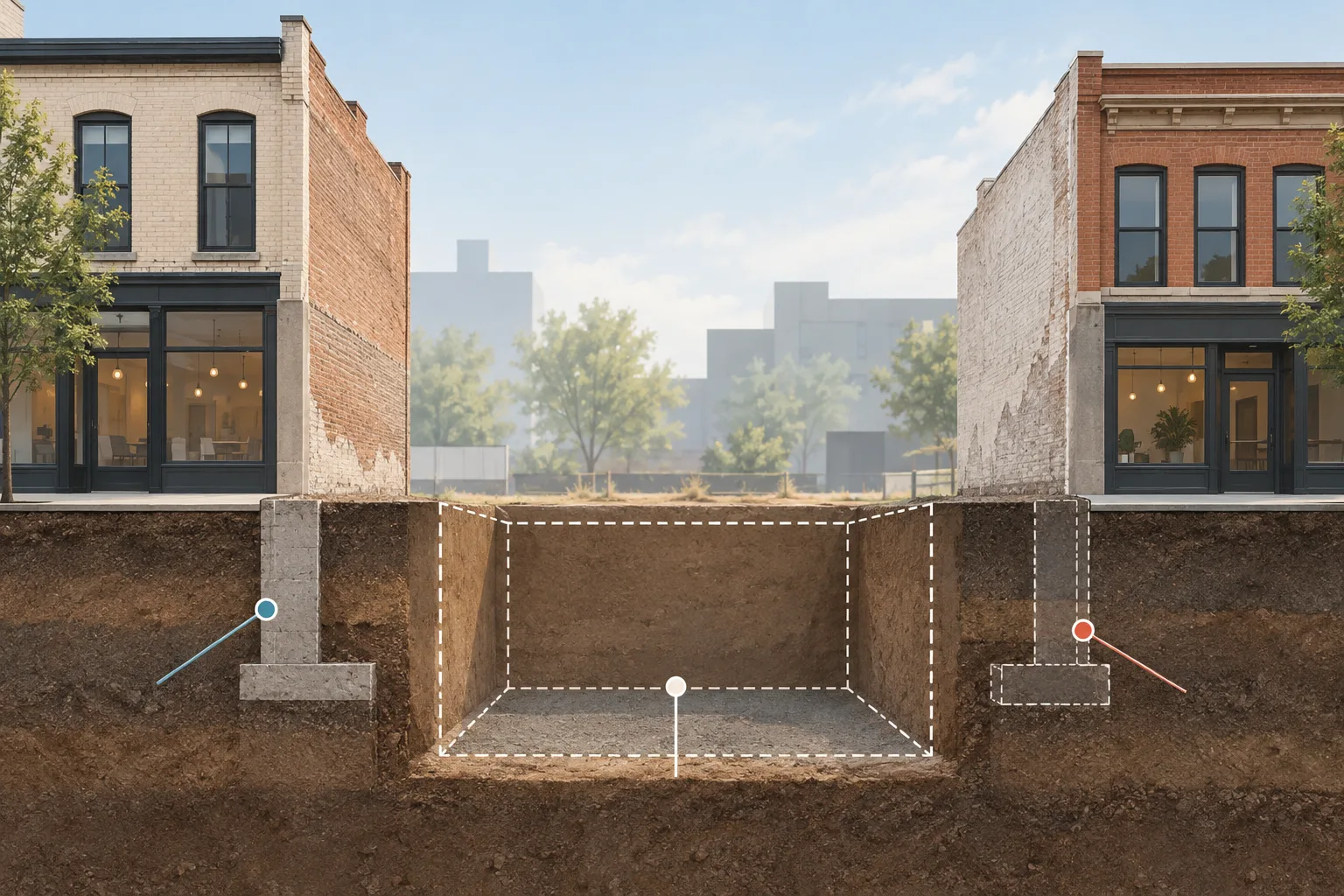 Illustrative infill site showing a proposed excavation beside existing storefront foundations.