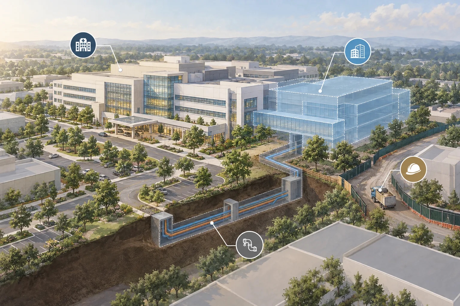Illustrative hospital expansion plan distinguishing occupied facilities, existing utilities, and the excavation area.