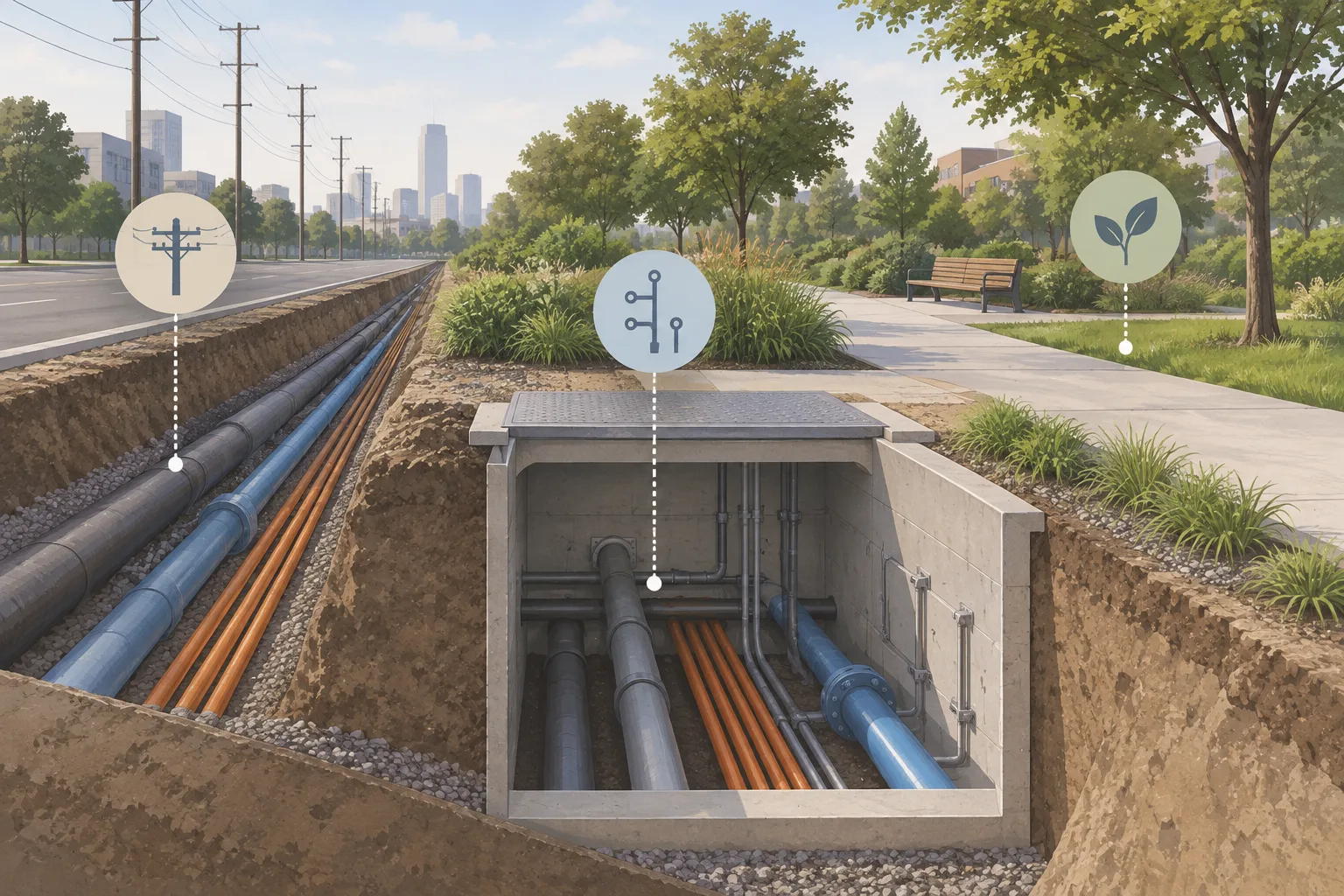 Illustrative utility-pit concept showing nearby utilities, access constraints, and the proposed work boundary.