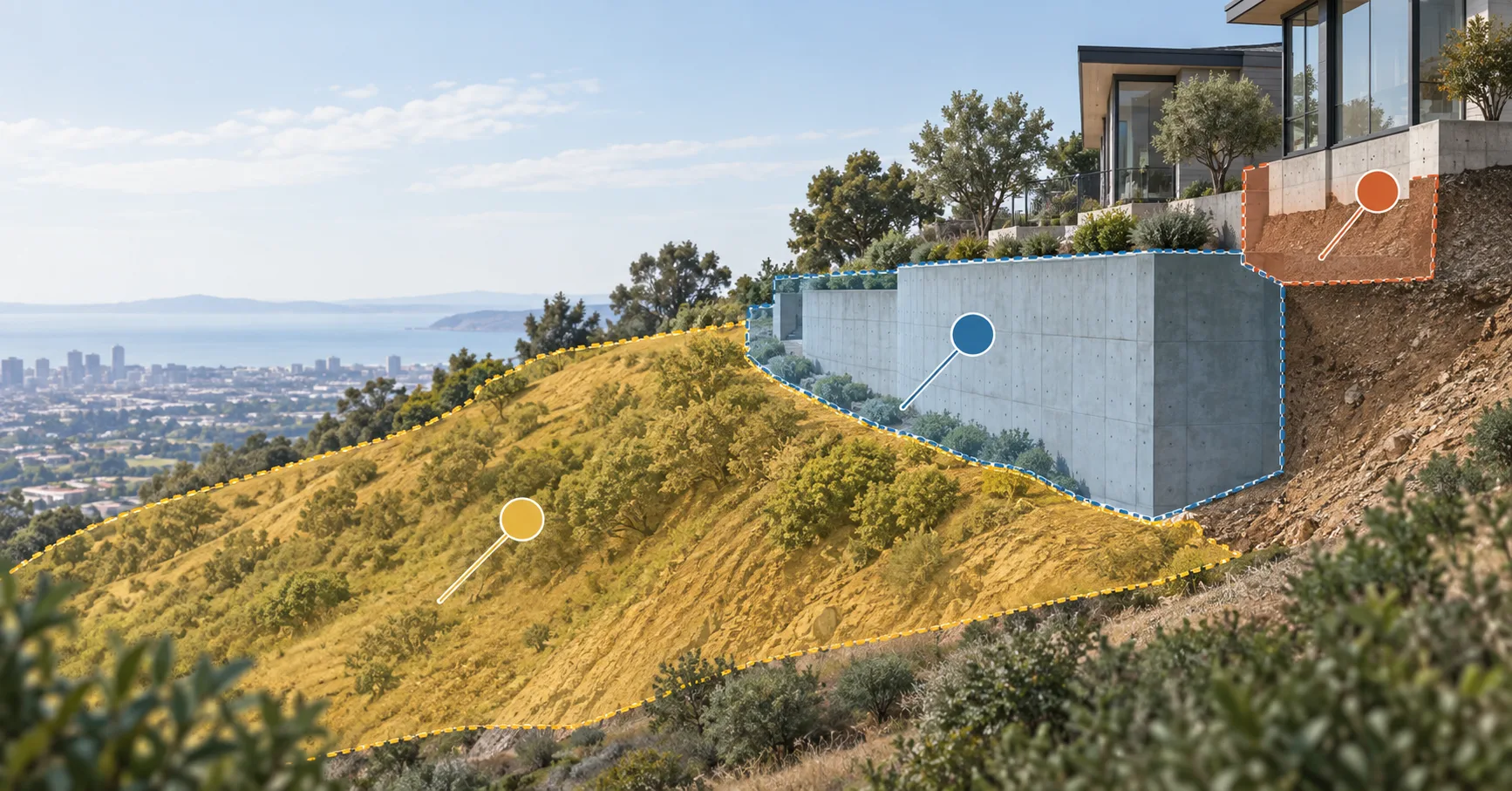 Conceptual hillside showing separate slope, retaining-wall, and building-foundation questions.