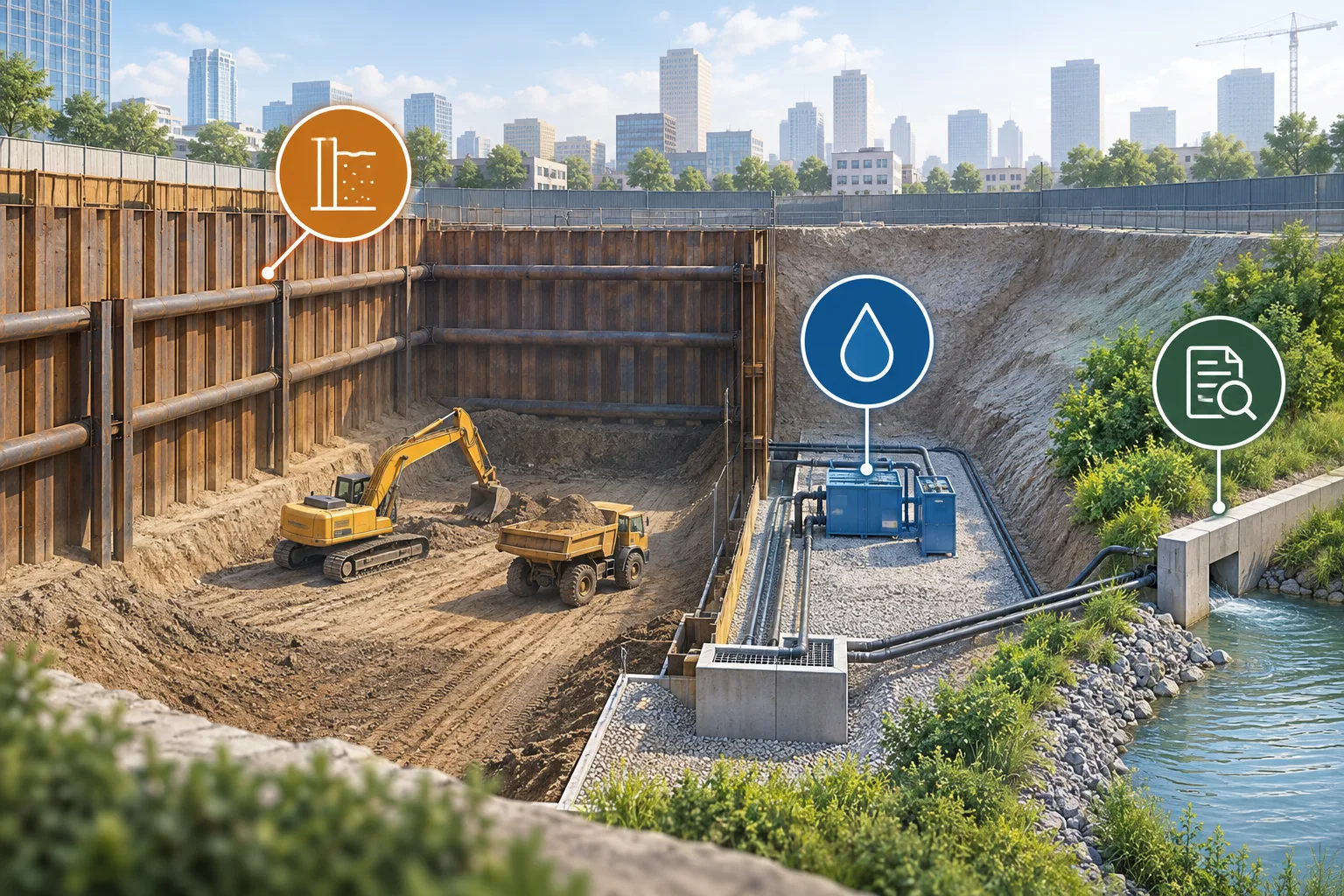 Conceptual separation of excavation support, water management, and discharge review on a basement project.
