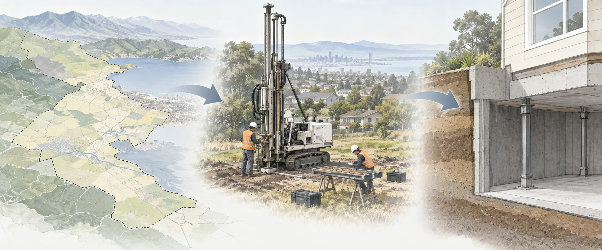 Conceptual workflow linking regional liquefaction screening, site investigation, and basement shoring and foundation design.
