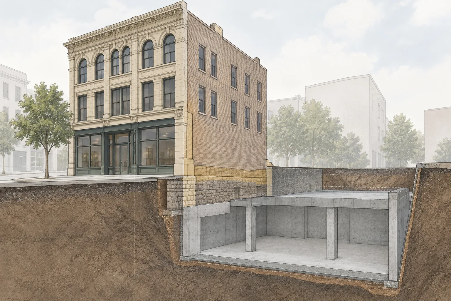 Illustrative adaptive-reuse concept showing an existing building and a proposed adjacent excavation.