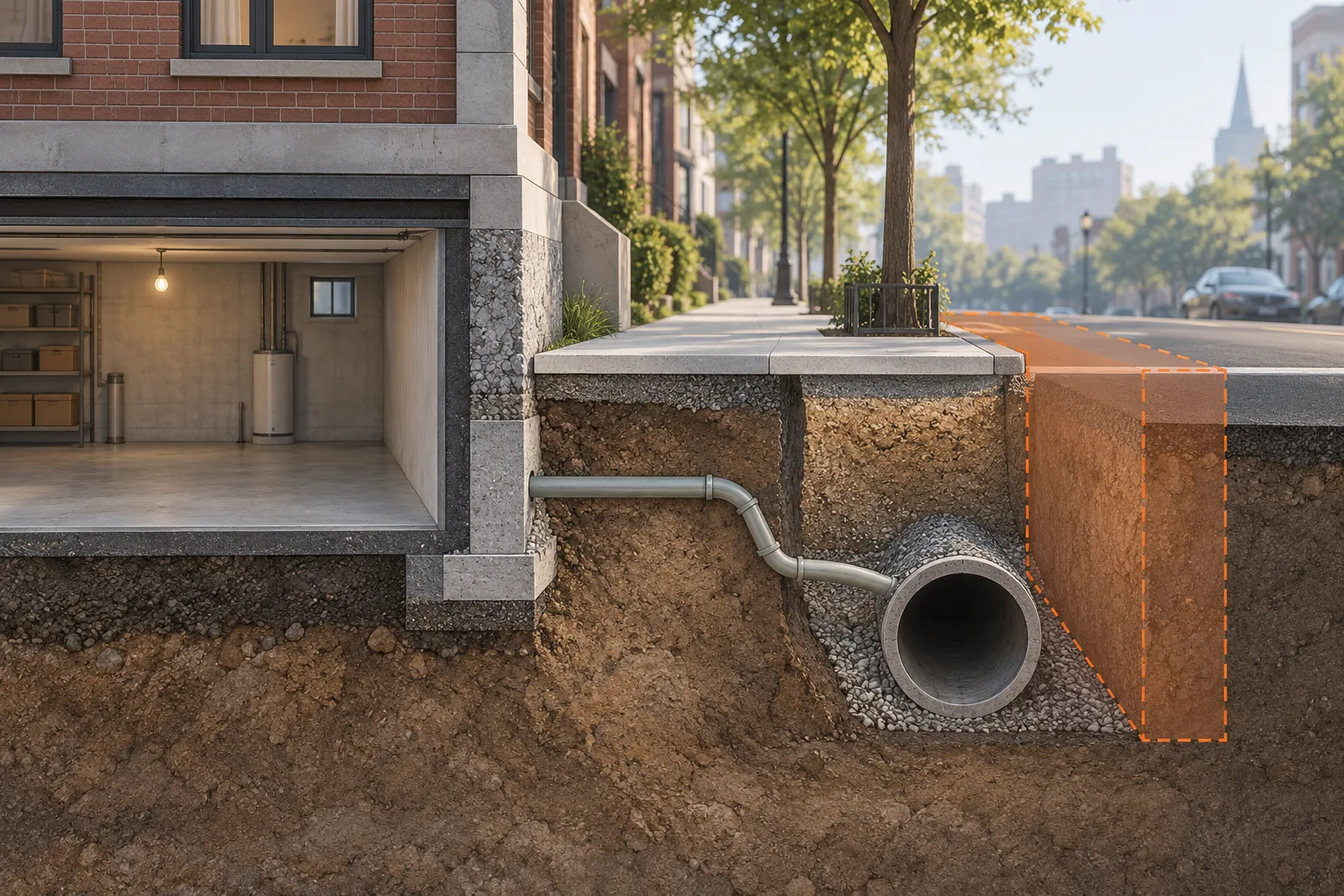 Illustrative basement section showing the relationship between excavation support, sidewalk space, and an existing sewer connection.