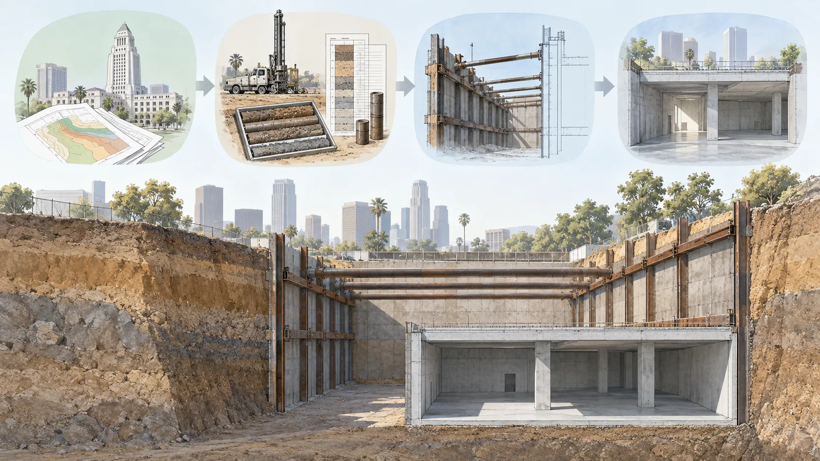 Conceptual workflow separating geological review from excavation-support and permanent-building design.
