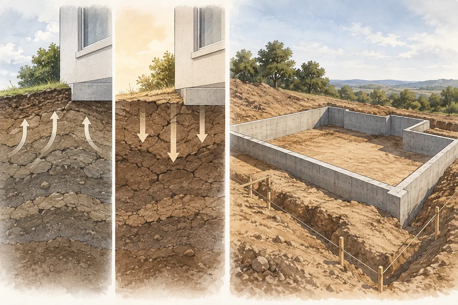 Conceptual comparison of expansive and collapsible soil behavior, shown separately from a project-specific foundation design.