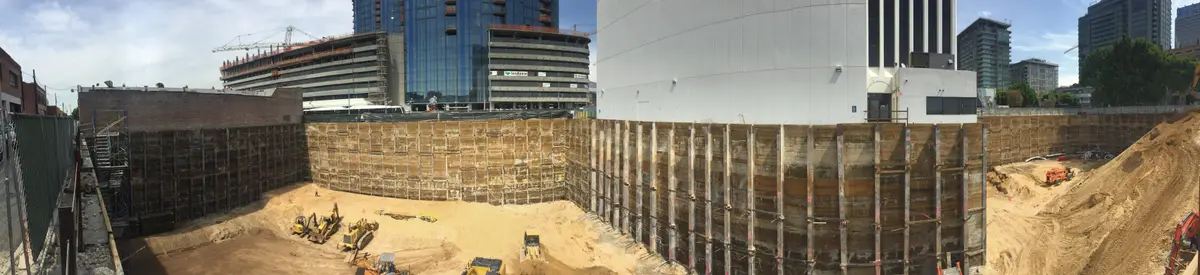 Soldier pile wall in an excavation at 1201 S. Hope