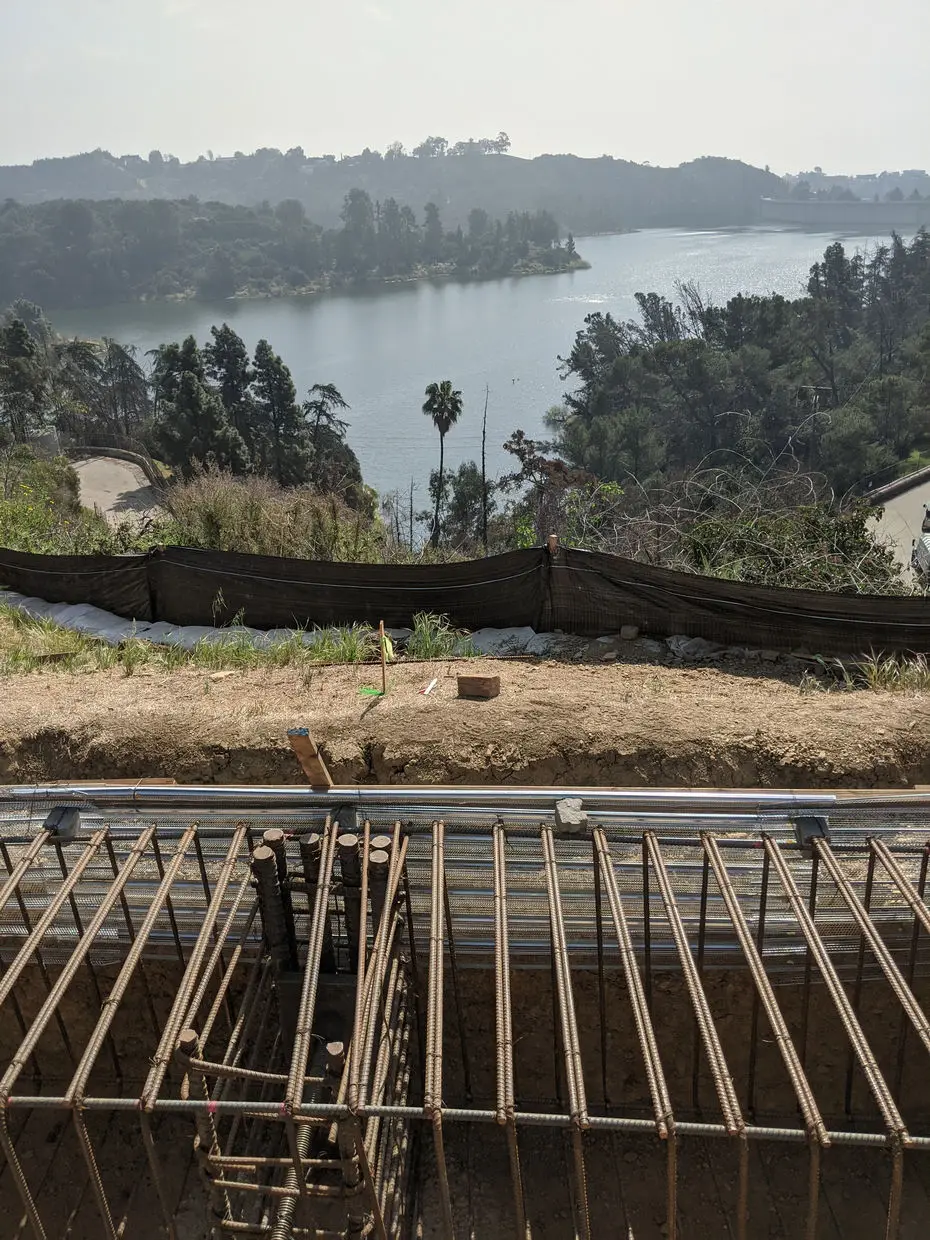 Reinforcing steel in the foreground with Hollywood Reservoir beyond