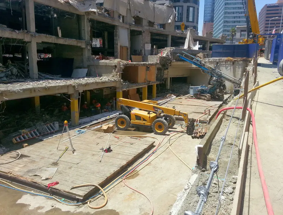 Tieback drilling platform on an existing basement deck at Wilshire Grand Center in Downtown Los Angeles